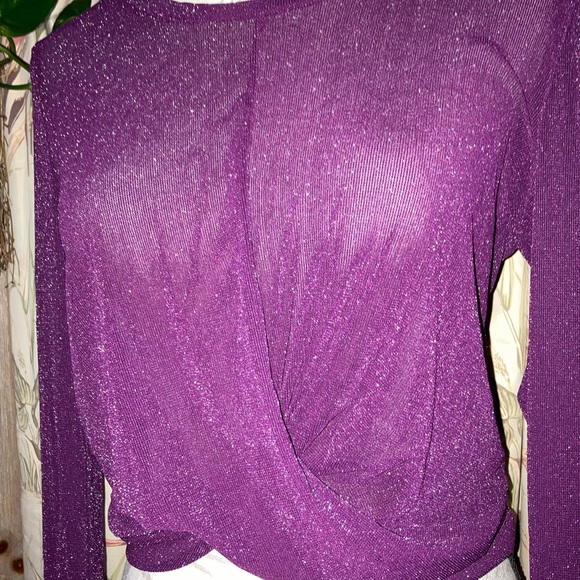 Semi Sheer Sparkle Knot Front Long Sleeve Top Burgundy Party Holiday Night Out - Picture 2 of 8